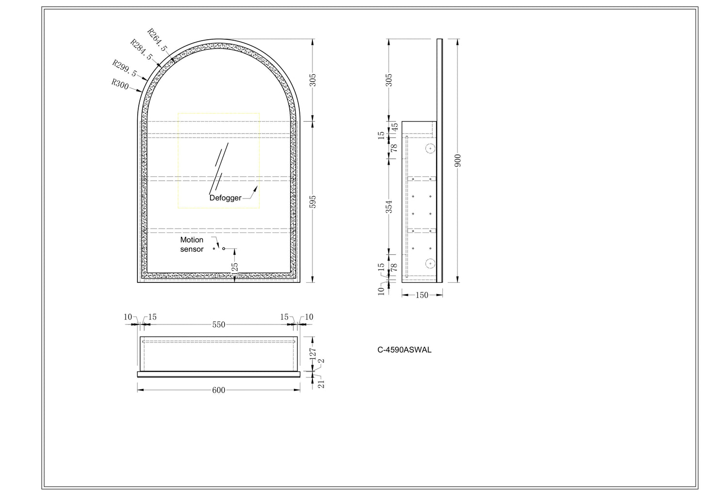 CARYSIL Imperial 600x900mm WALNUT Arch LED Shaving Cabinet