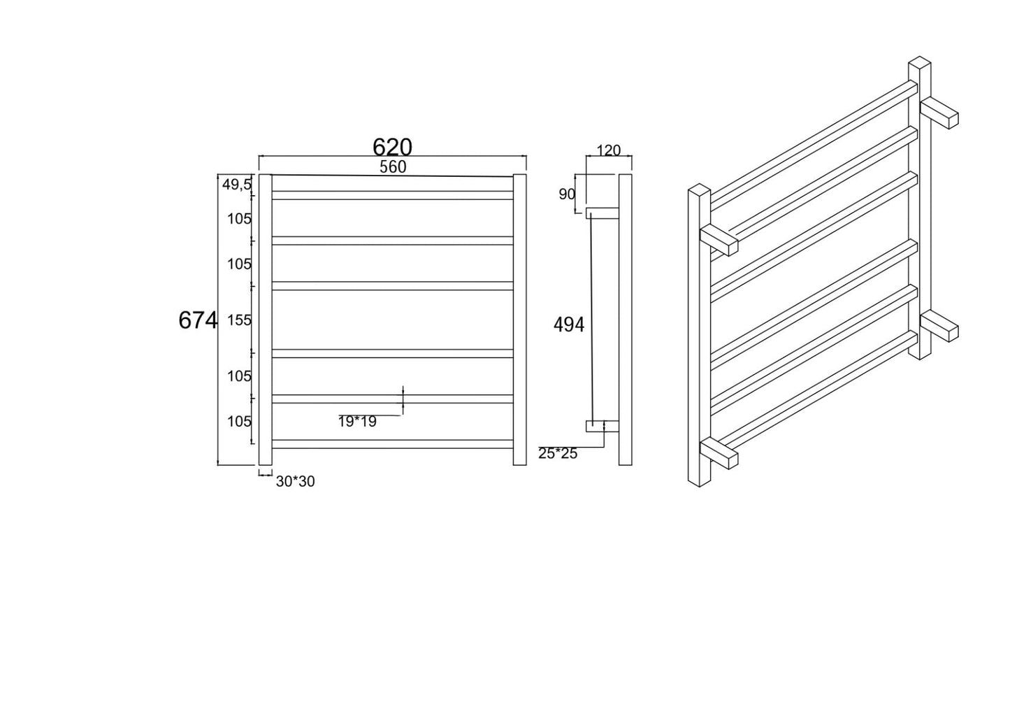Square Black Electric Heated Towel Rack 6 Bars