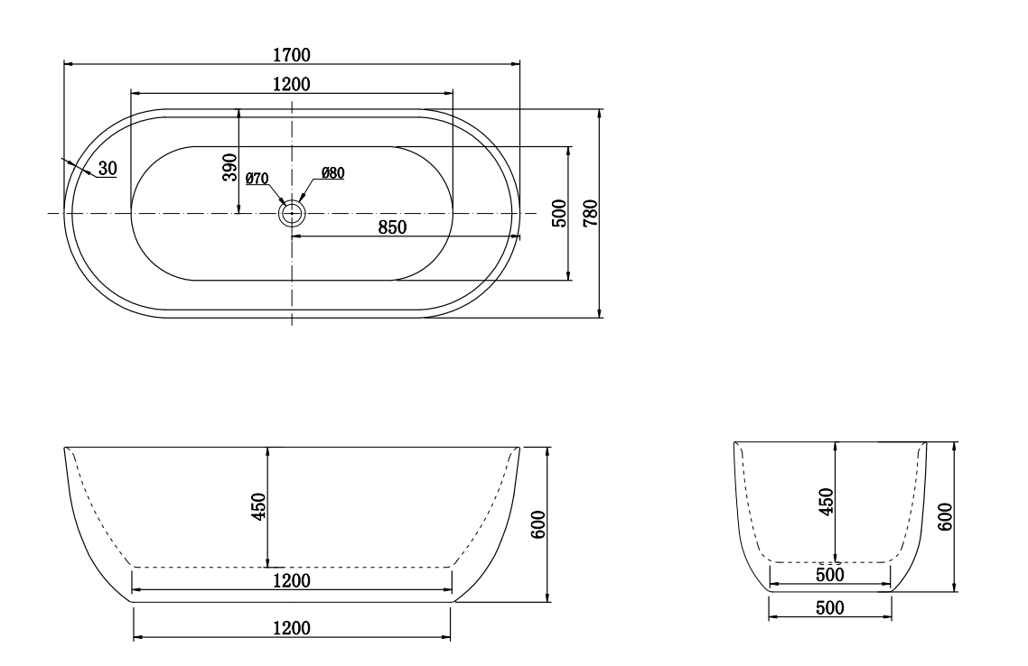 1700x780x600mm Berri Free standing