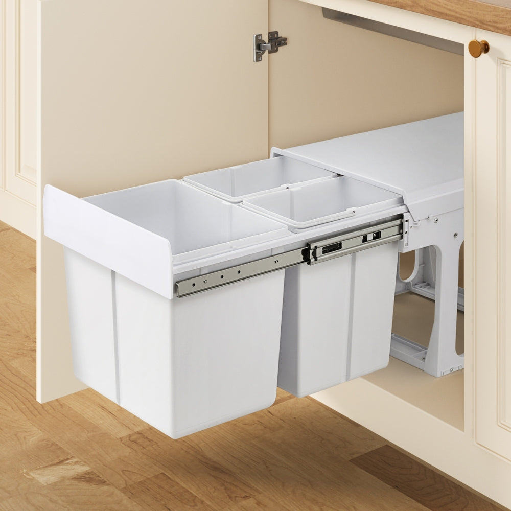 Pull Out Bin Kitchen Triple Slide Garbage Rubbish Bins Basket White 31L