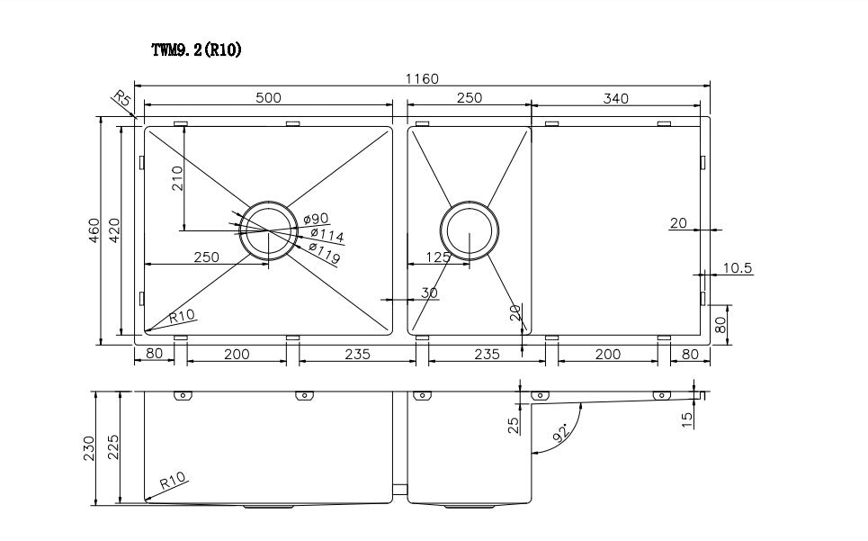 1160x460x230mm 3mm Handmade Top/Undermount One and a half Bowls Kitchen Sink