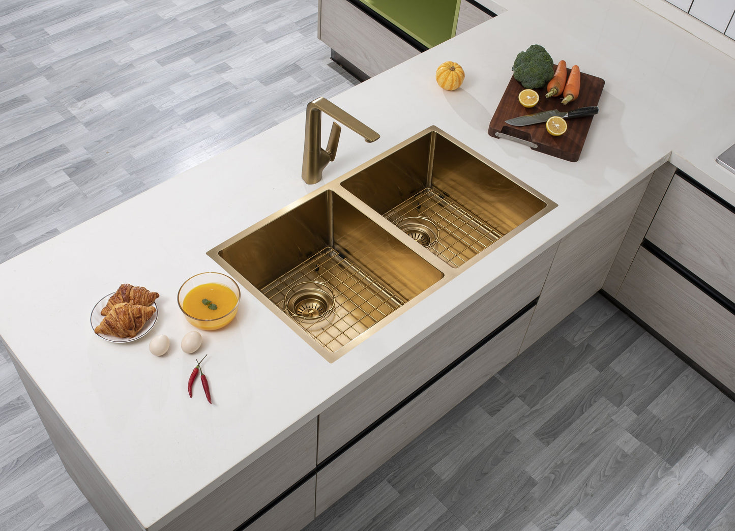 770*450*215mm LIght Brushed Yellow Gold Hand-made Double Bowl Kitchen Sink