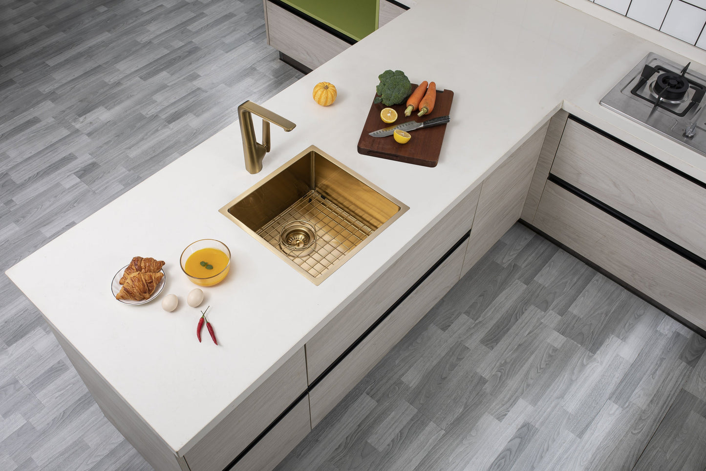 440x440x205mm Light Brushed Yellow Gold Stainless Steel Handmade Single Bowl Sink for Flush Mount and Undermount