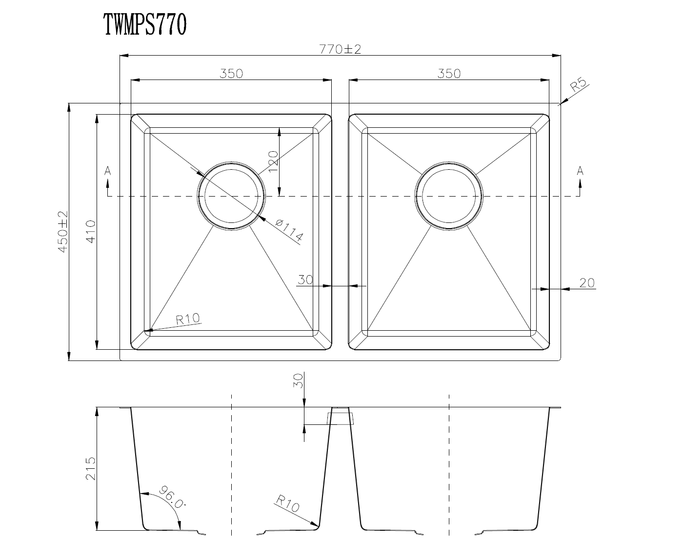 770*450*215mm Hand-made Double Bowl Kitchen Sink
