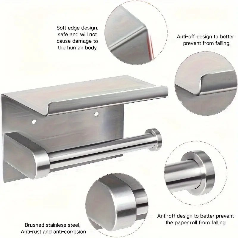 (True color) 1pc Toilet Paper Holder with Shelf, Bathroom Tissue Storage Rack, Wall-Mounted Paper Towel Dispenser, Stainless Steel Bathroom Paper Holder, Bathroom Accessory