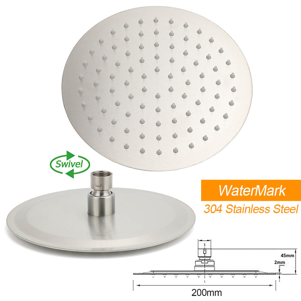 Brushed Nickel 8" Round Rainfall Shower Head 360°Swivel Gooseneck Wall Arm Set