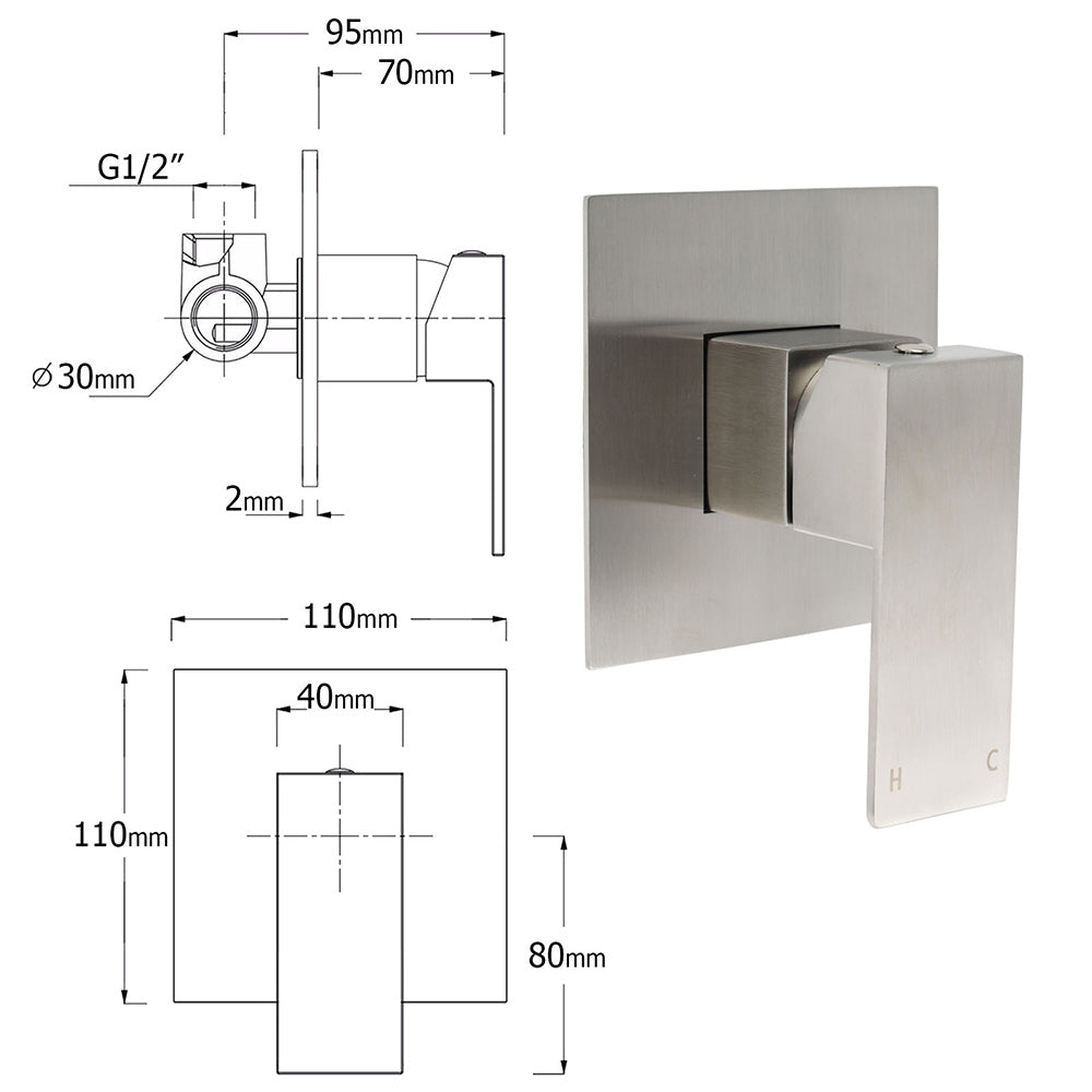 Brushed Nickel Square Twin Shower Set 8" Rain Head 3 Modes Handheld Silding Rail Mixer