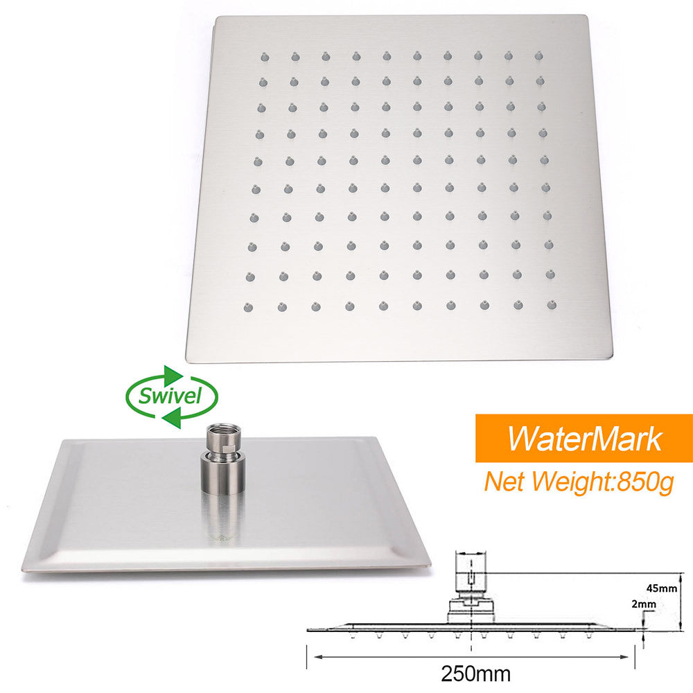 Brushed Nickel 10" Square Rainfall Shower Head + 400mm Straight Wall Mount Arm
