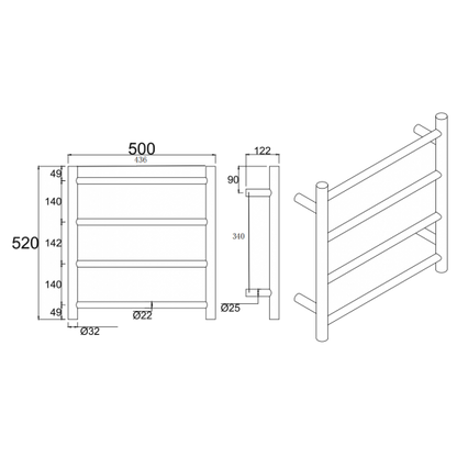 Round Light Brushed Copper Electric Heated Towel Rack 4 Bars