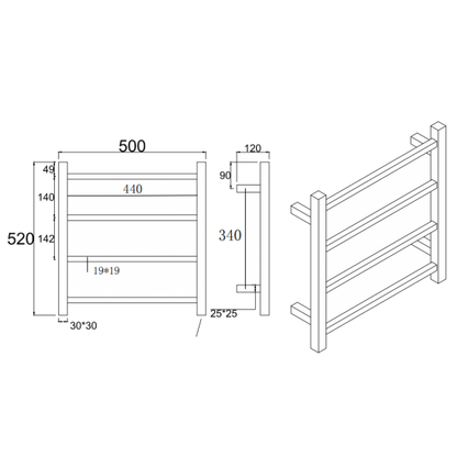 Brushed Yellow Gold Square Electric Heated Towel Rack 4 Bars