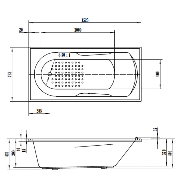 1525 x 735 x 390 (H)  Acrylic Inset Bath Acrylic GLOSSY White Bathtub NO Overflow