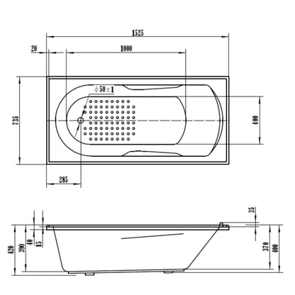 1525 x 735 x 390 (H)  Acrylic Inset Bath Acrylic GLOSSY White Bathtub NO Overflow