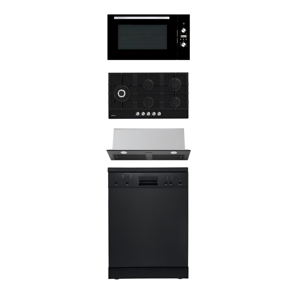 900mm Dilusso Black Oven + Gas Cooktop + Concealed Rangehood + Dishwasher Kitchen Appliance Package