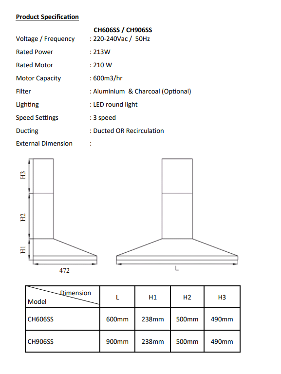 900mm Stainless Steel Canopy Rangehood 600m3/hr LED lights