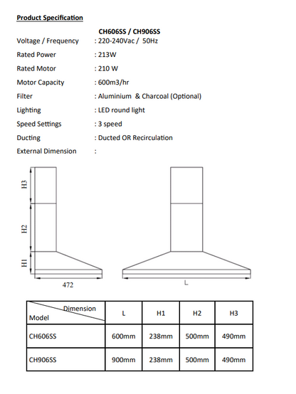 900mm Stainless Steel Canopy Rangehood 600m3/hr LED lights