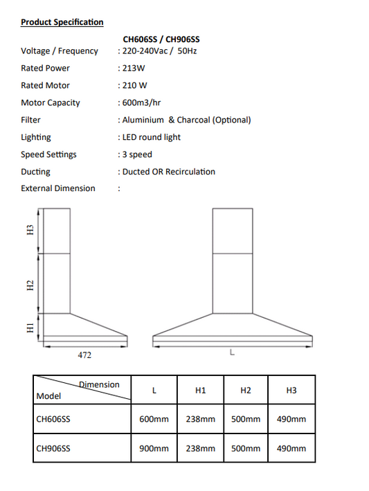 900mm Stainless Steel Canopy Rangehood 600m3/hr LED lights
