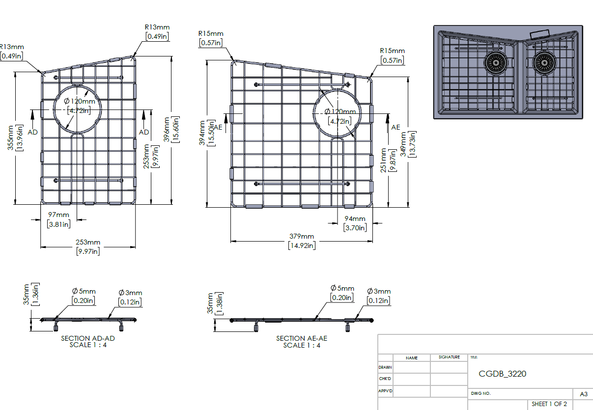 Stainless Steel Gold Sink Grid for Carysil CGDB