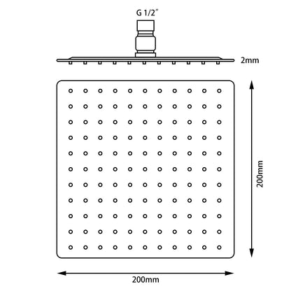 Super-slim Square Black Rainfall Shower Head 200mm