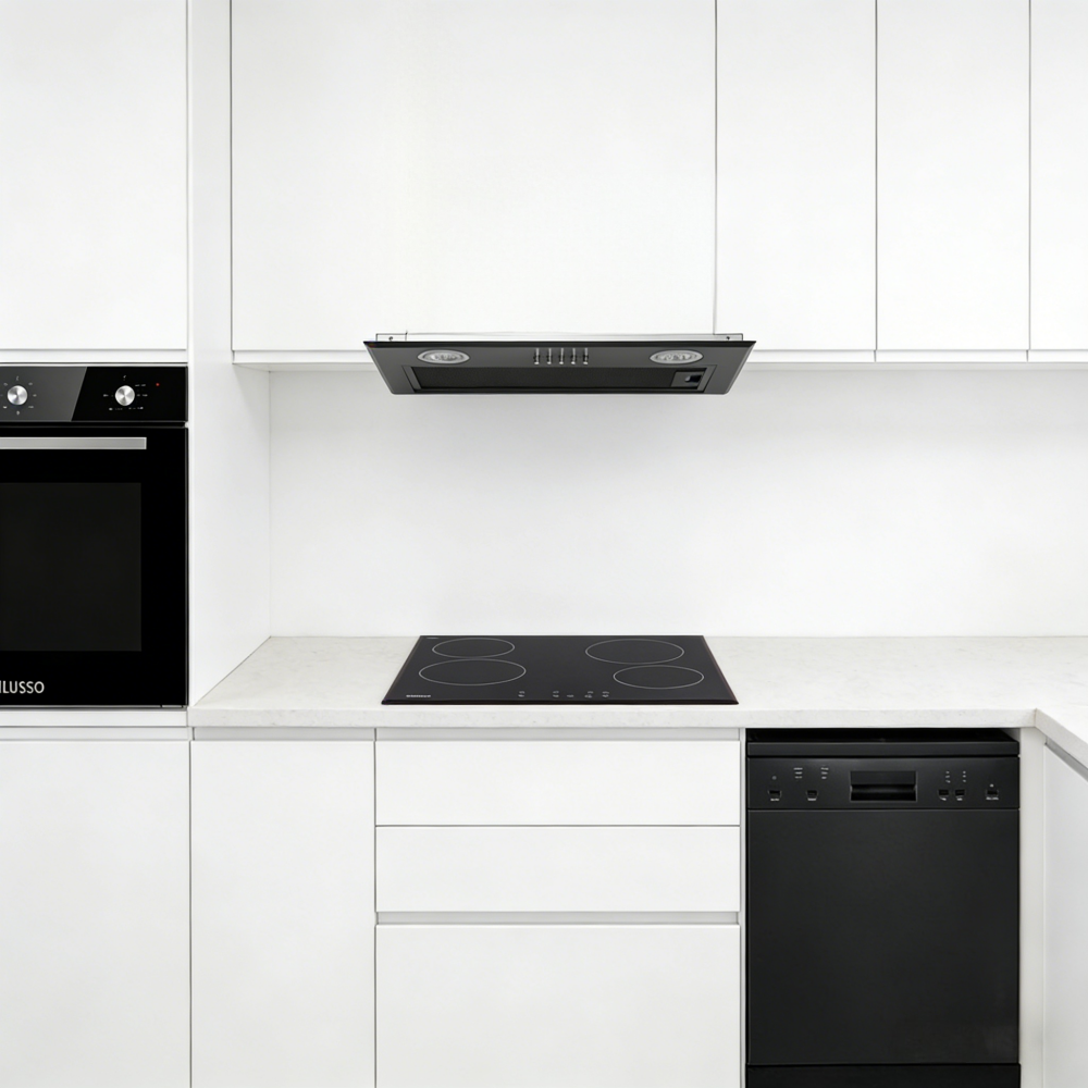 600mm Dilusso Black Oven + Ceramic Cooktop + Concealed Rangehood + Dishwasher Kitchen Appliance Package