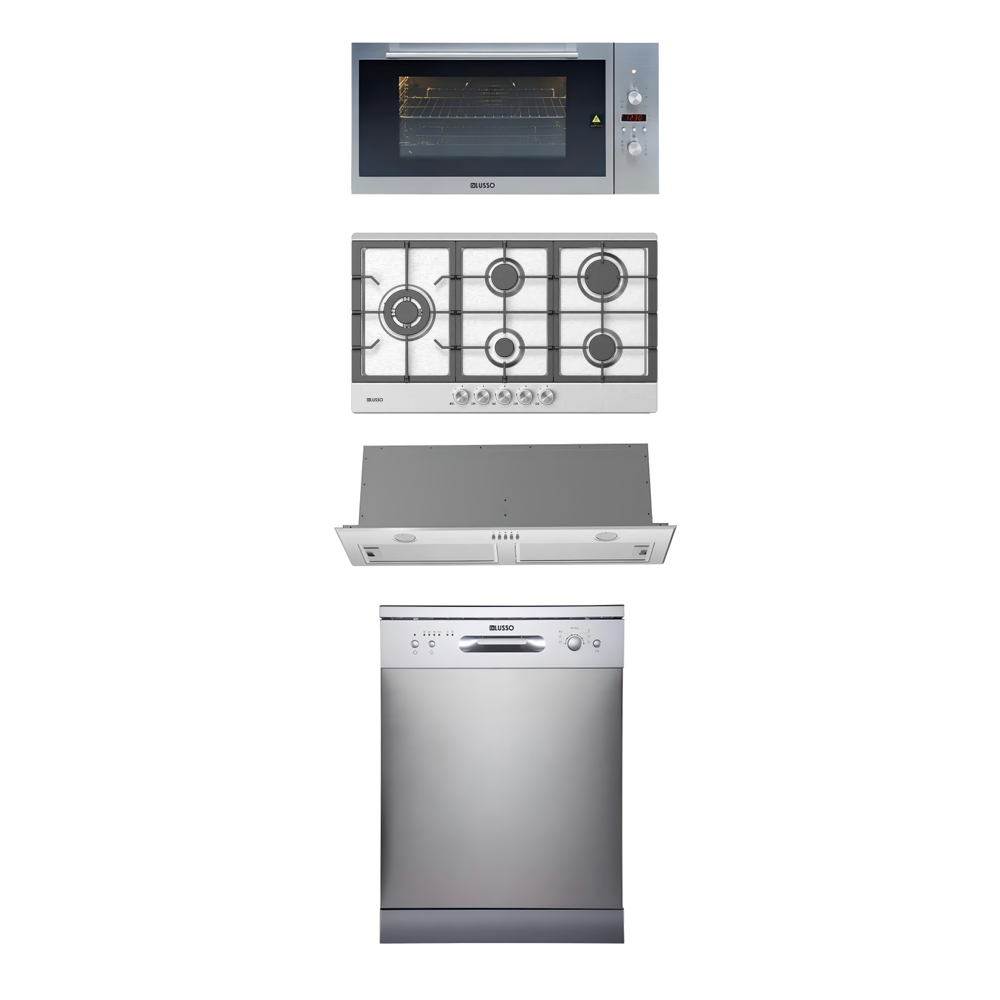 900mm Dilusso Stainless Oven + Gas Cooktop + Concealed Rangehood + Dishwasher Kitchen Appliance Package