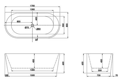 1700x800x600mm Back to Wall Acrylic GLOSSY White Bathtub NO Overflow