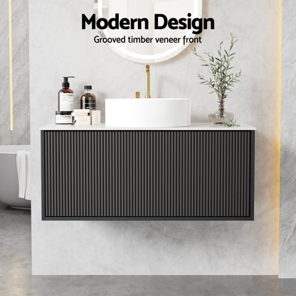 Vanity Unit 900mm Bathroom Cabinet Storage Wall Hung Grooved Timber Black