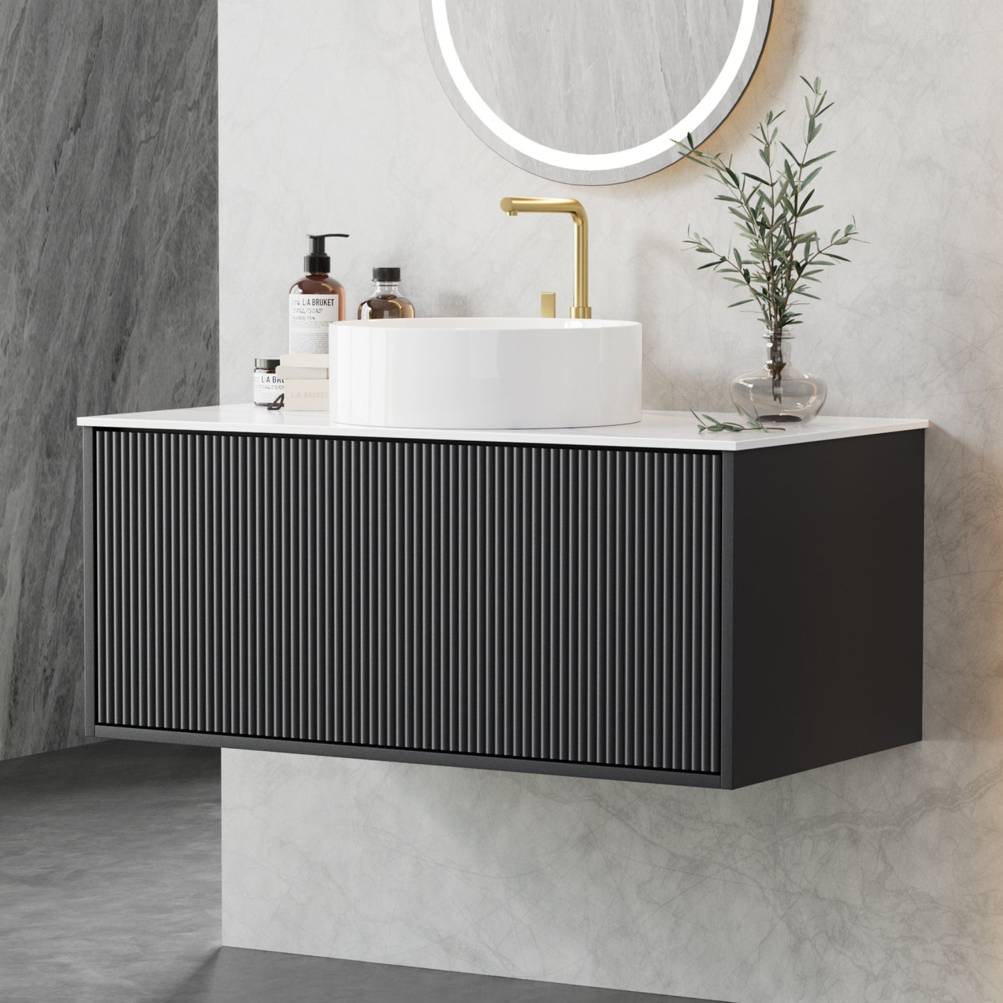 Vanity Unit 900mm Bathroom Cabinet Storage Wall Hung Grooved Timber Black