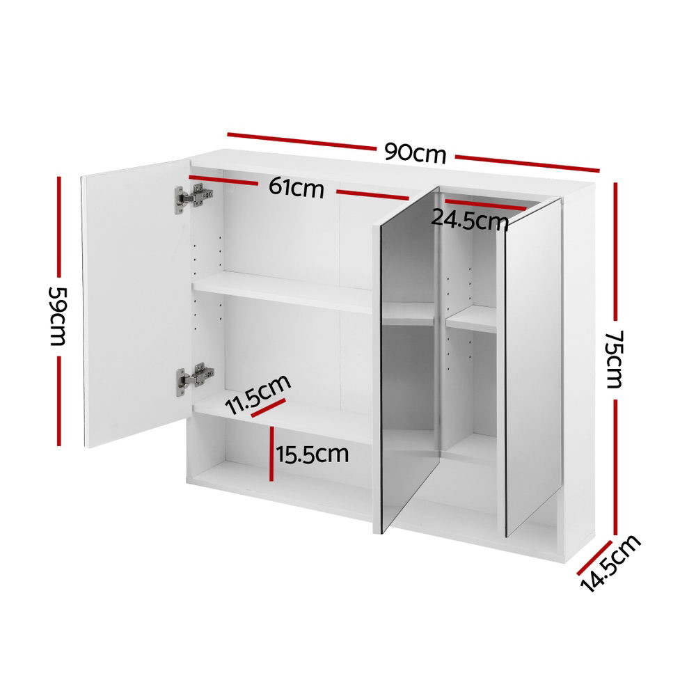 Bathroom Mirror Cabinet Medicine Adjustable Shelves Wall Hung 900x750mm White