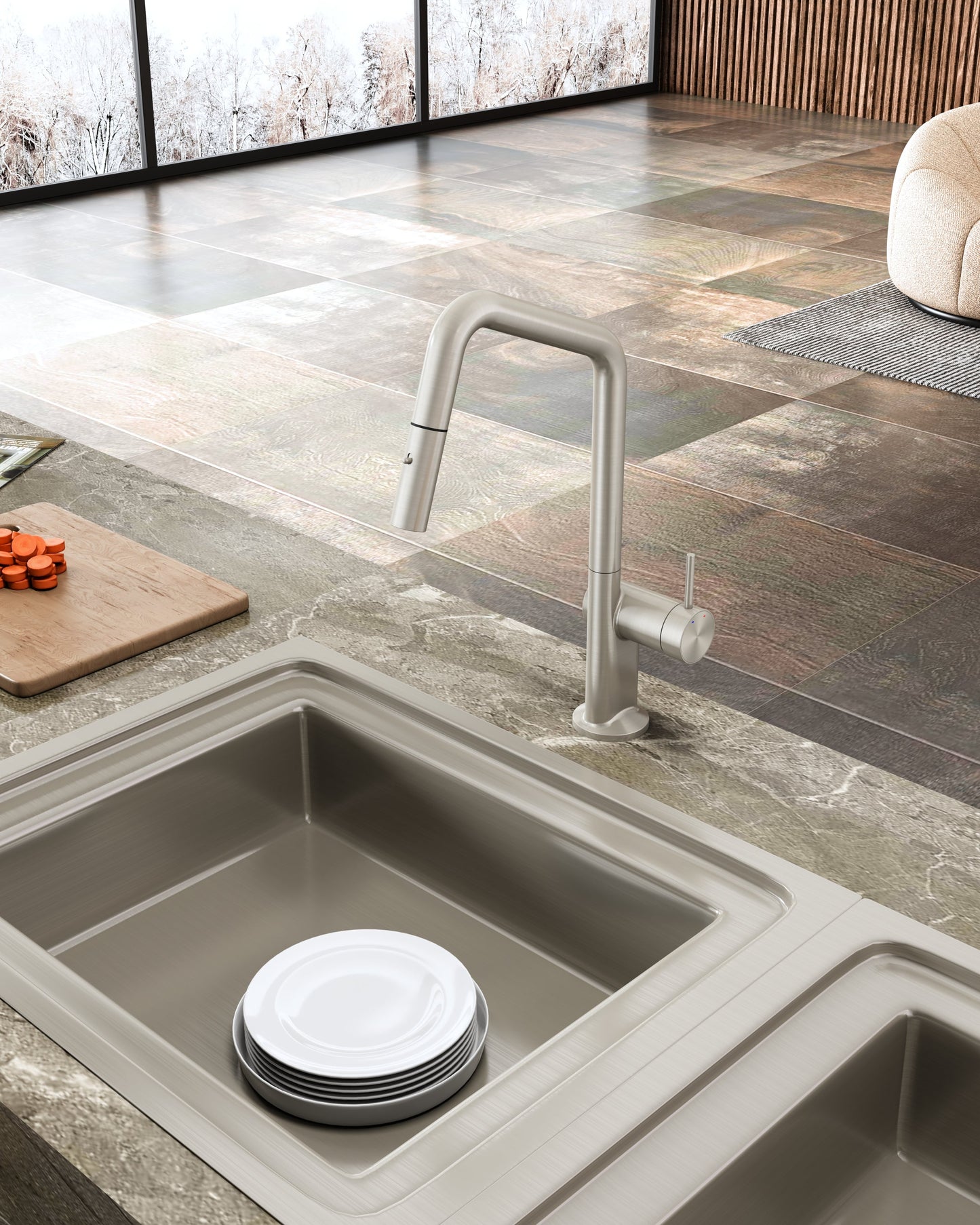 Carysil Angle Brushed Nickel Pull Out Kitchen Mixer