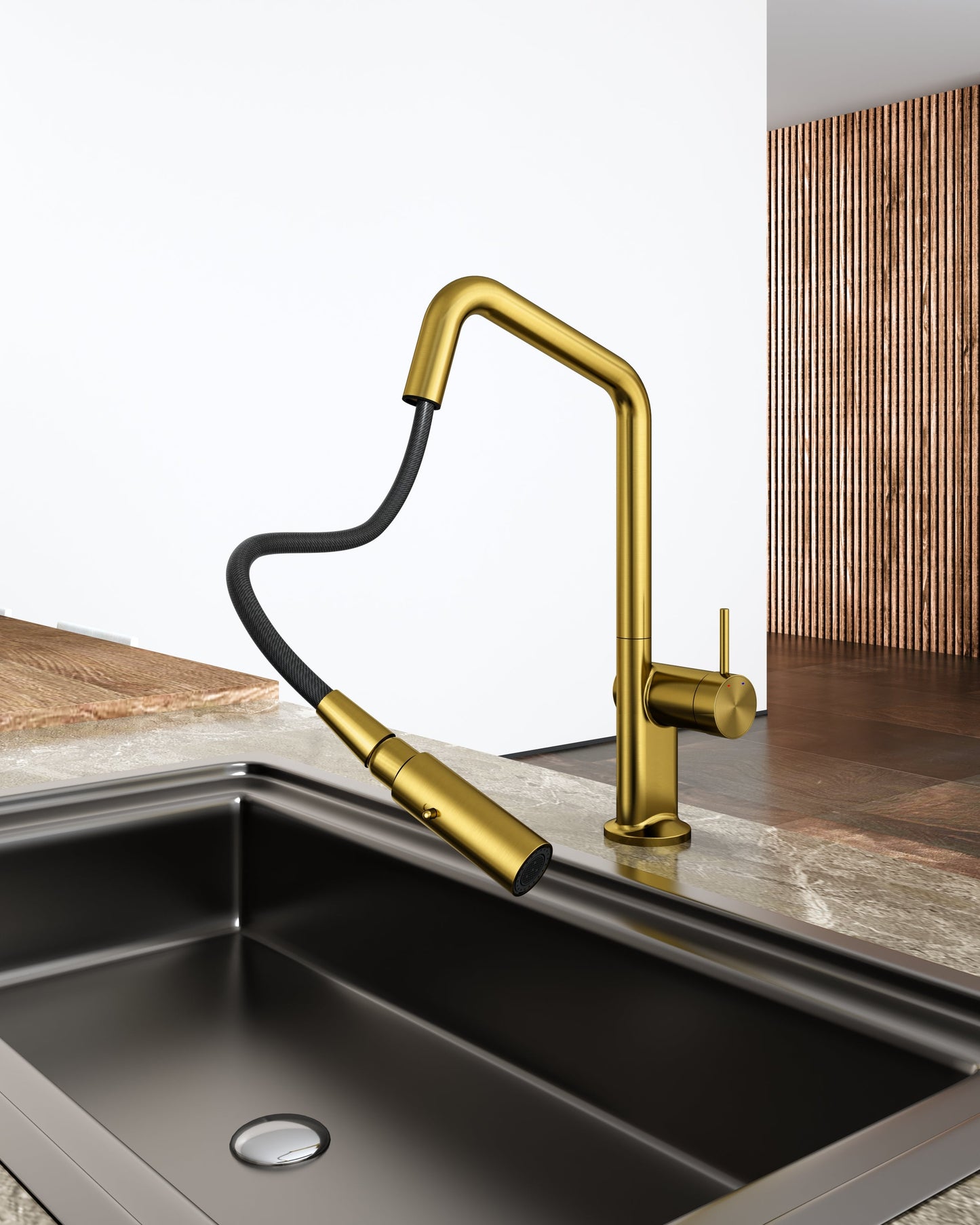 Carysil Angle Brushed Yellow Gold Pull Out Kitchen Mixer