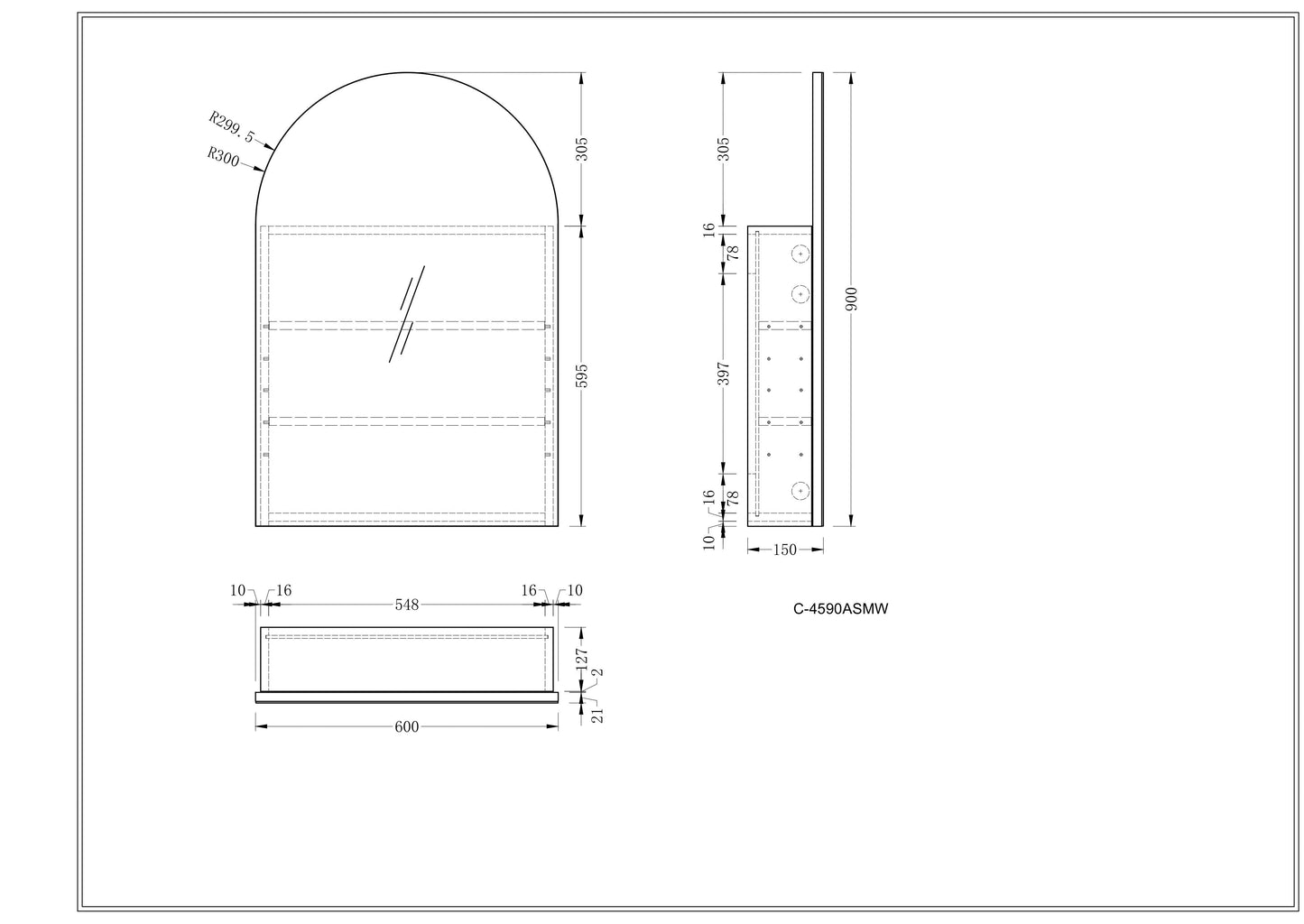 CARYSIL Imperial 600x900mm MATTE WHITE Arch Shaving Cabinet