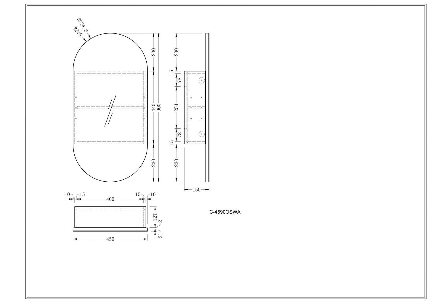 CARYSIL Noble 450x900mm MATTE WHITE Oval Shaving Cabinet