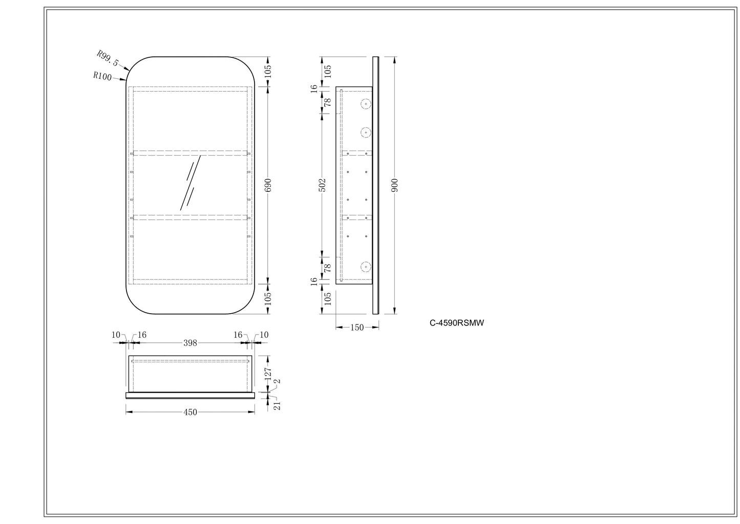 CARYSIL EARLS 450x900mm MATTE WHITE Squircle Shaving Cabinet