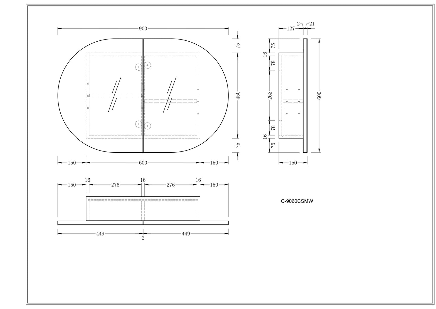 CARYSIL Mystic 900x600mm WALNUT OVAL Shaving Cabinet