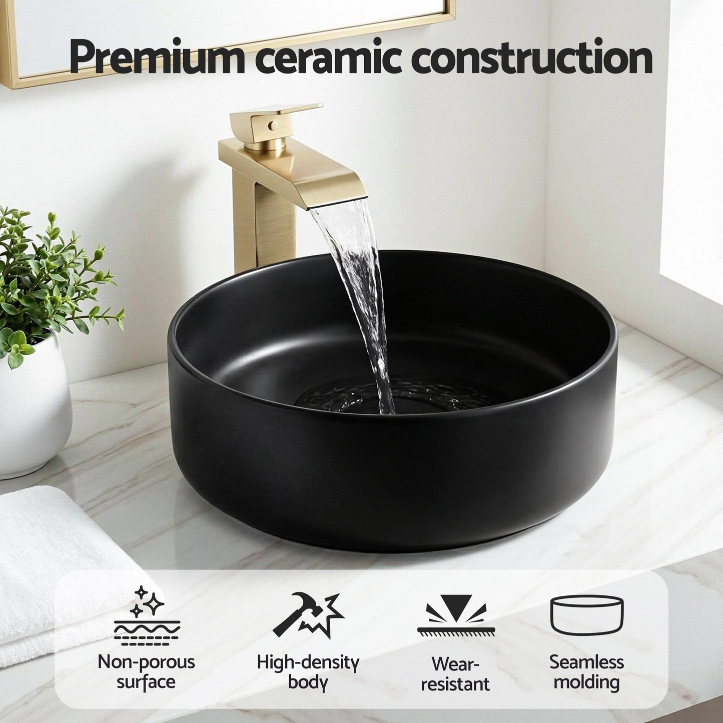 Bathroom Basin Ceramic Vanity Sink Vessel Bowl Wash Matte Black Round Countertop