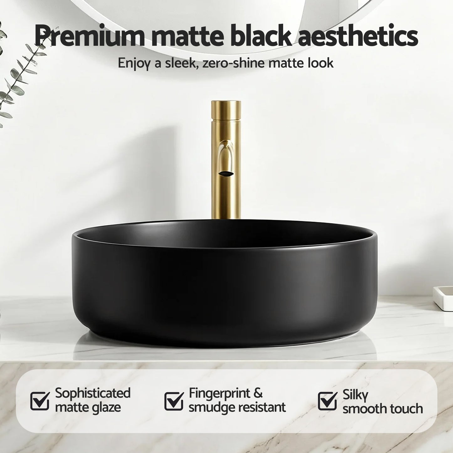 Bathroom Basin Ceramic Vanity Sink Vessel Bowl Wash Matte Black Round Countertop