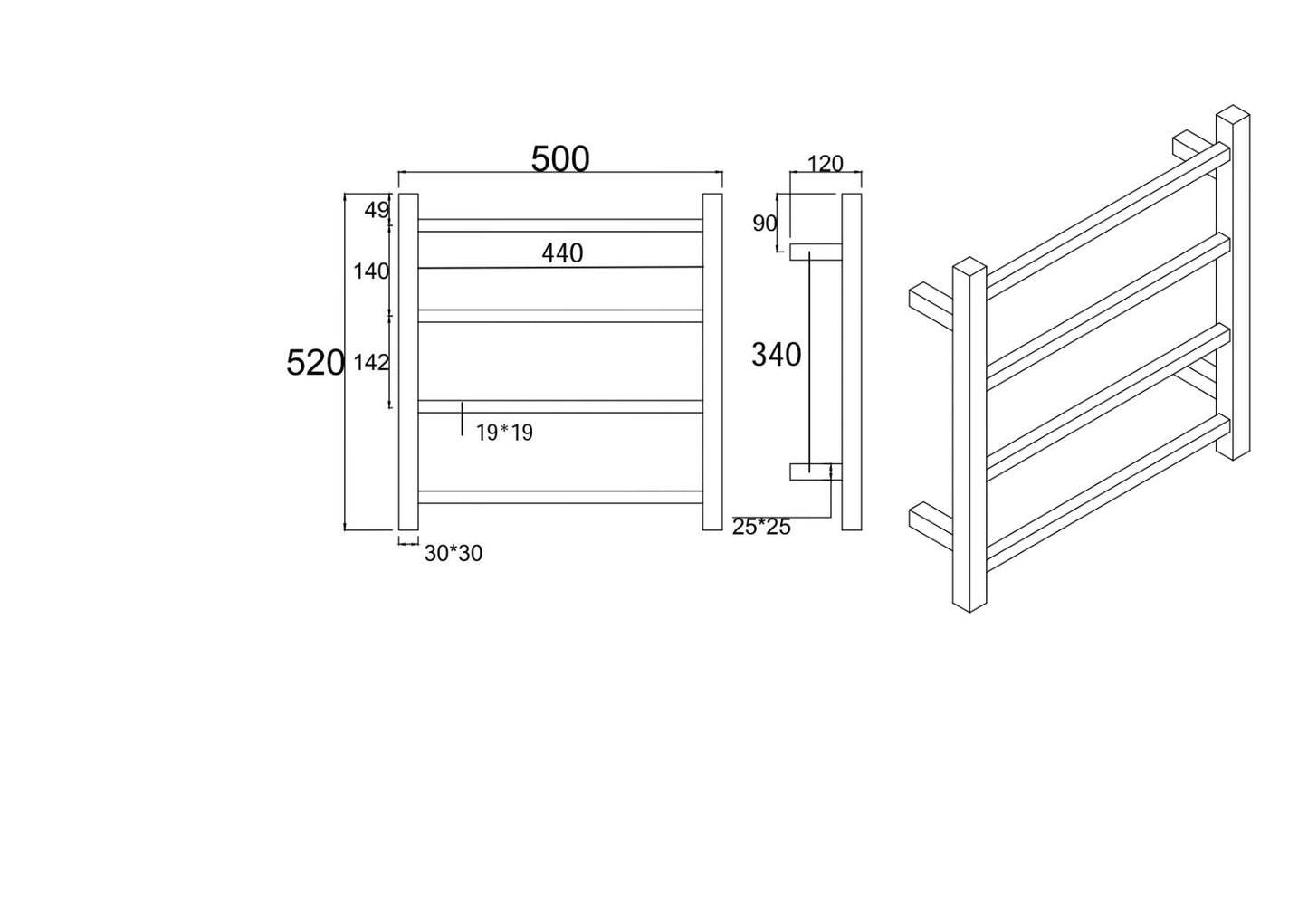Square Chrome Electric Heated Towel Rack 4 Bars