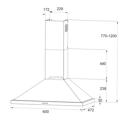 600mm Stainless Steel Canopy Rangehood 600m3/hr LED lights