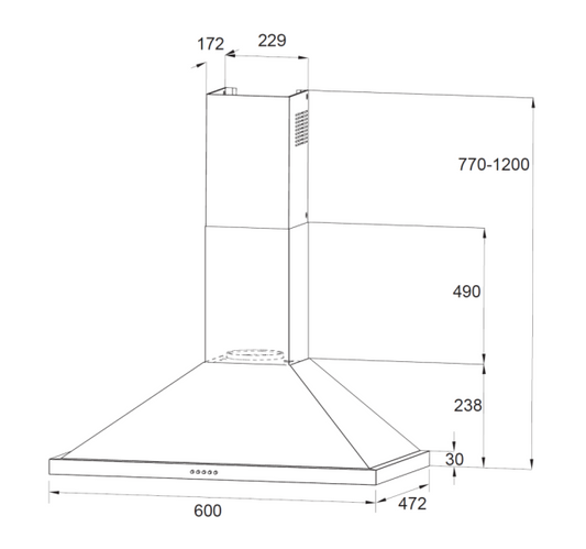 600mm Stainless Steel Canopy Rangehood 600m3/hr LED lights