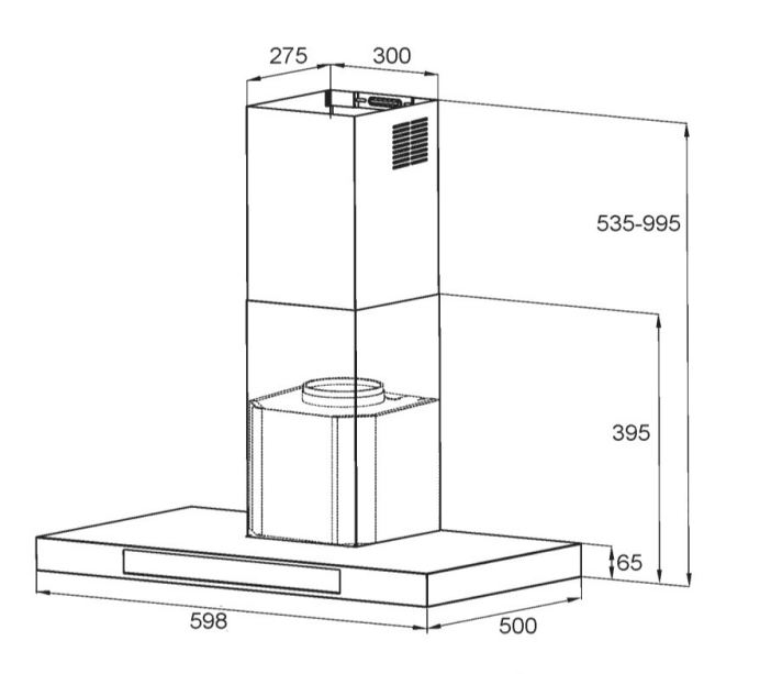 600mm T shape Canopy Rangehood with touch controls and Q series Motor