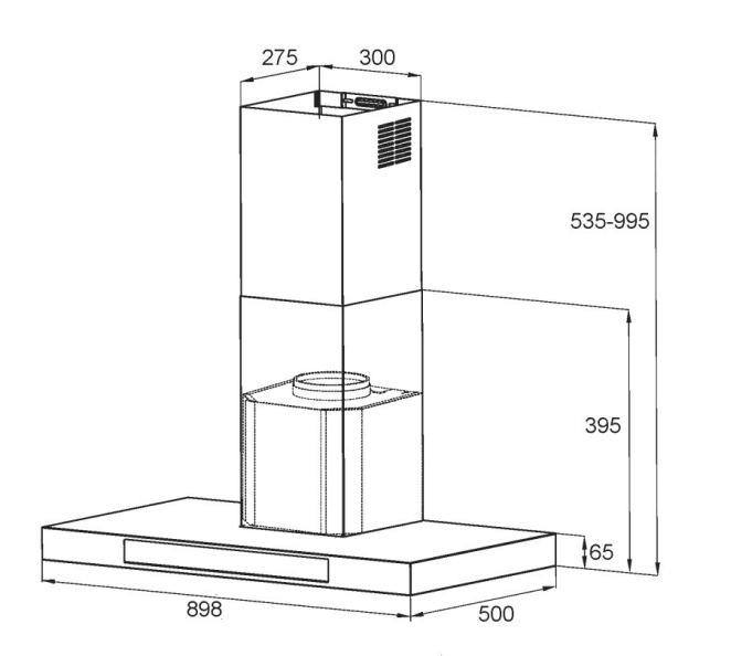 900mm T shape Canopy Rangehood with touch controls and Q series Motor