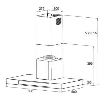 900mm T shape Canopy Rangehood with touch controls and Q series Motor