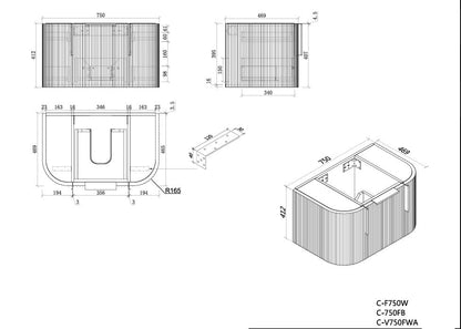 Navona 750MM Wall Hung Forma Series Walnut Side Drawer Vanities