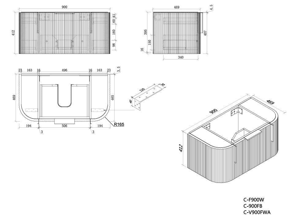 Navona 900MM Wall Hung Forma Series Black Side Drawer Vanities