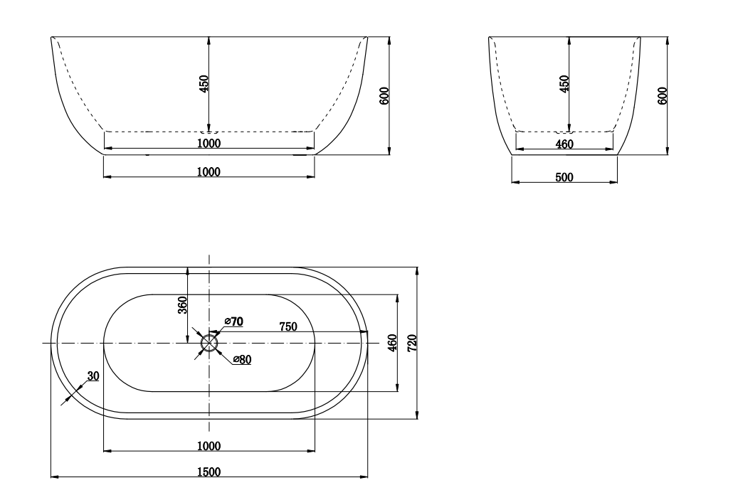 1500x720x600mm Bathtub Freestanding bath Acrylic GLOSSY White Bathtub NO Overflow