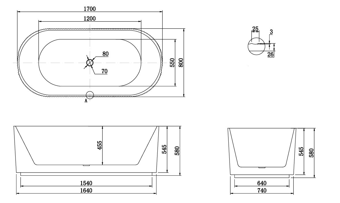 1700x800x580mm Berri Freestanding Fluted