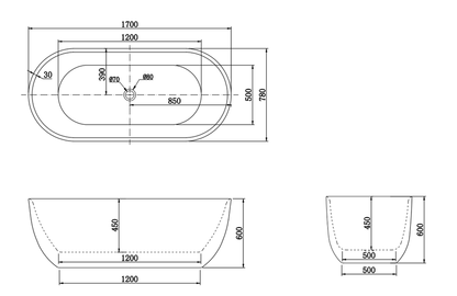 1700 x 780 x 600 mm Bathtub Freestanding bath Acrylic GLOSSY White Bathtub NO Overflow
