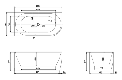1500x750x580mm Bathtub Left Corner Acrylic GLOSSY White Bathtub NO Overflow