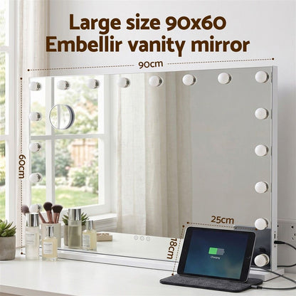 90x60cm Makeup Mirror Large Hollywood Vanity Mirror with 18 Dimmable LED Bulbs