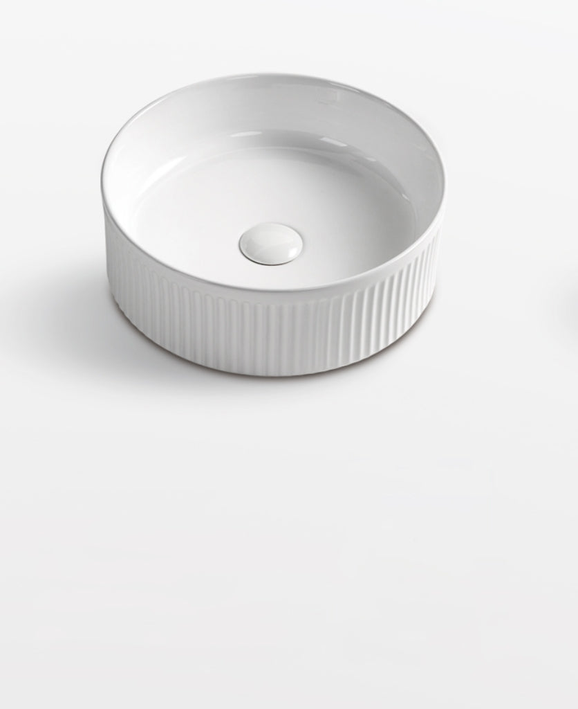 370 x 370 x 130mm Round Matte White Fluted Above Counter Ceramic Basin